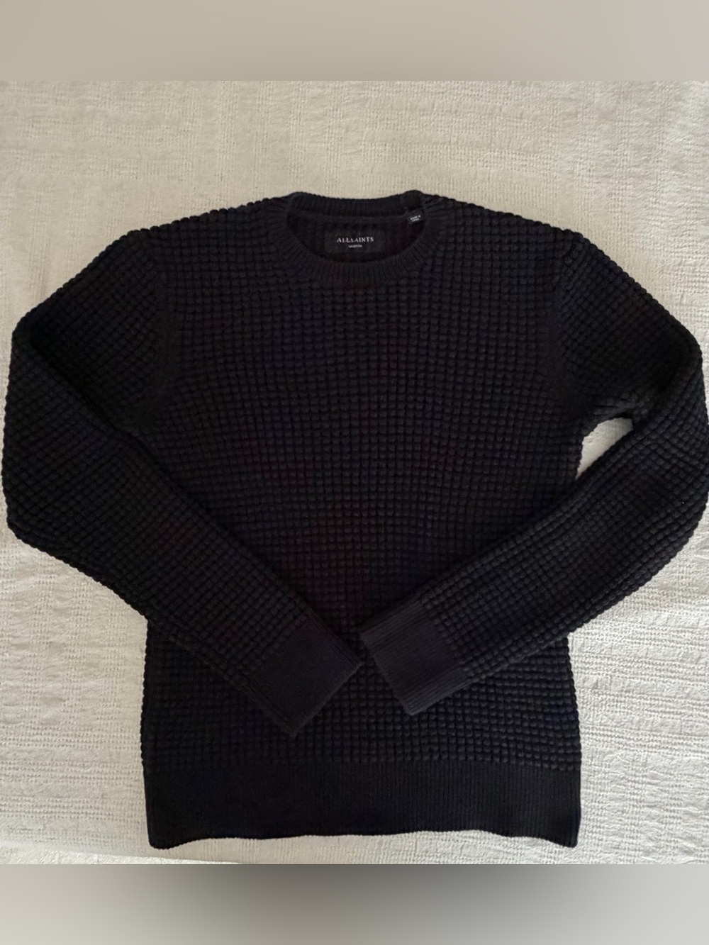 All Saints Black Waffle Knit Crewneck Sweater. Size M